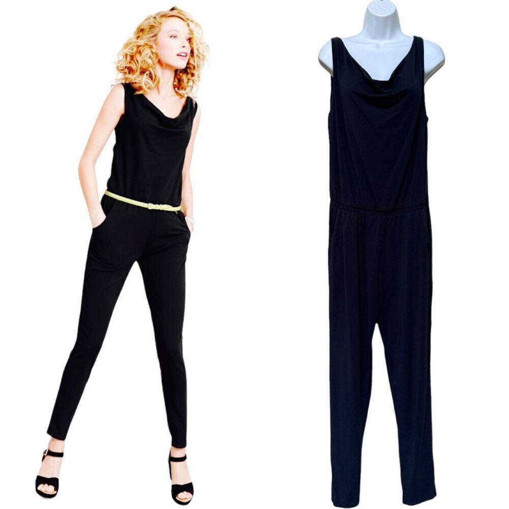 Garnet Hill Womens Jumpsuit Navy Blue Sleeveless Stretch Knit Pockets Casual 10